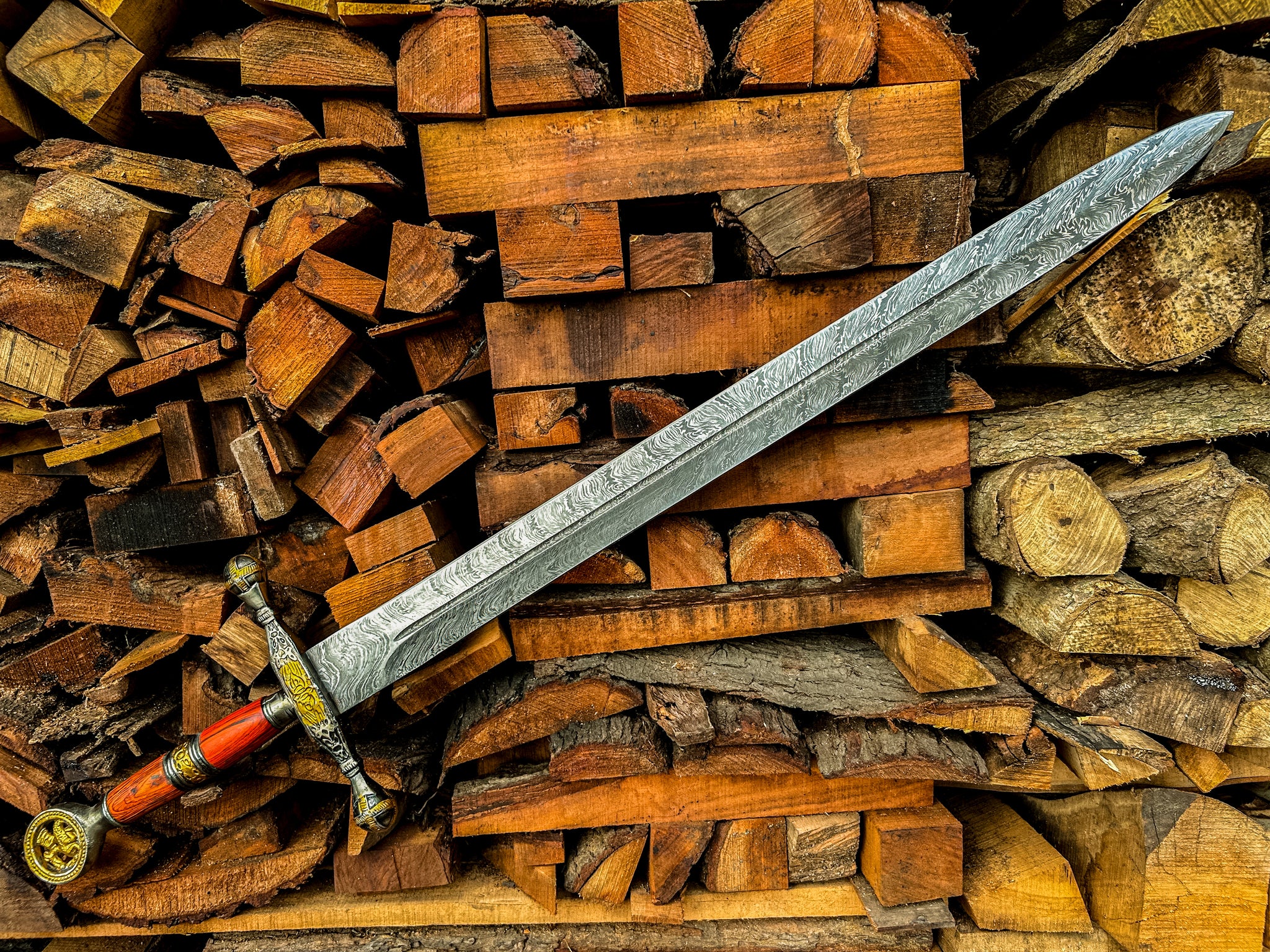 Damascus Steel Longsword | Wood & Brass Handle with Ornate Detailing
