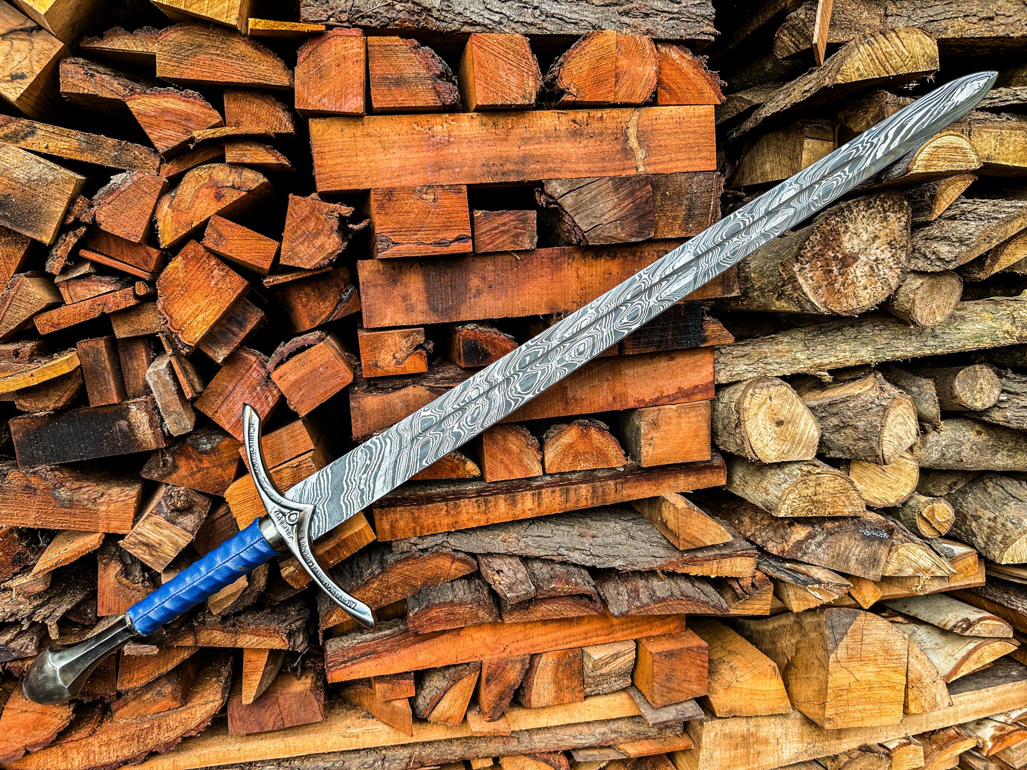 Damascus Steel Sword | Blue Leather Handle Longsword