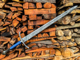 Damascus Steel Sword | Blue Leather Handle Longsword