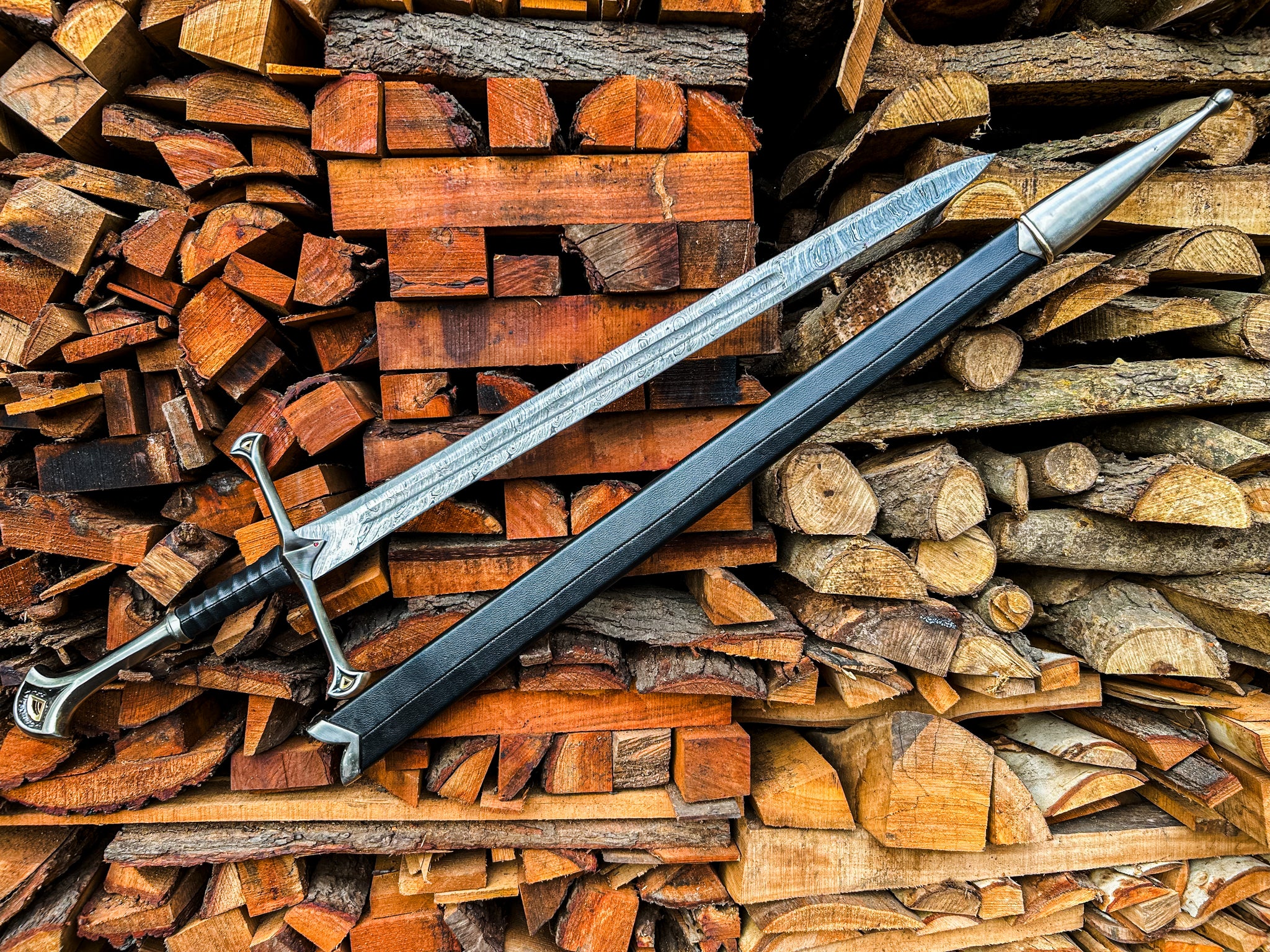Damascus Steel Sword | Black Leather Handle Longsword