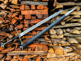 Damascus Steel Sword | Black Leather Handle Longsword