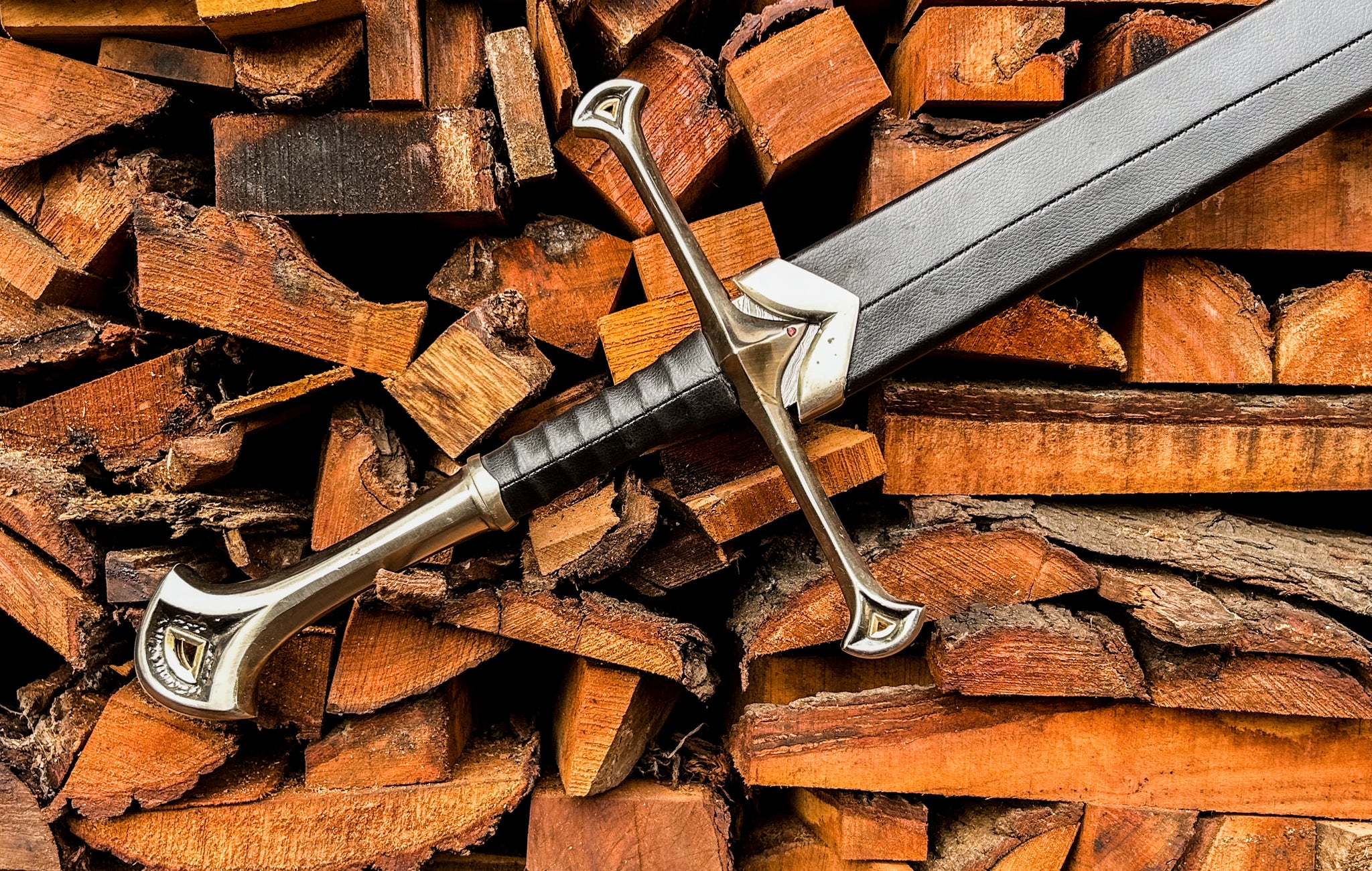 Damascus Steel Sword | Black Leather Handle Longsword