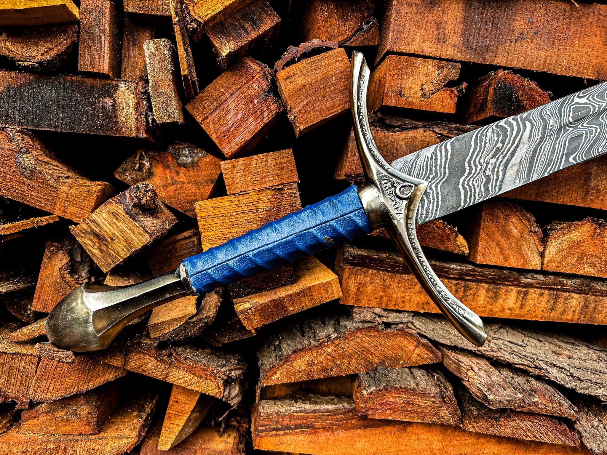 Damascus Steel Sword | Blue Leather Handle Longsword