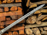 Damascus Steel Sword | Black Leather Handle Longsword
