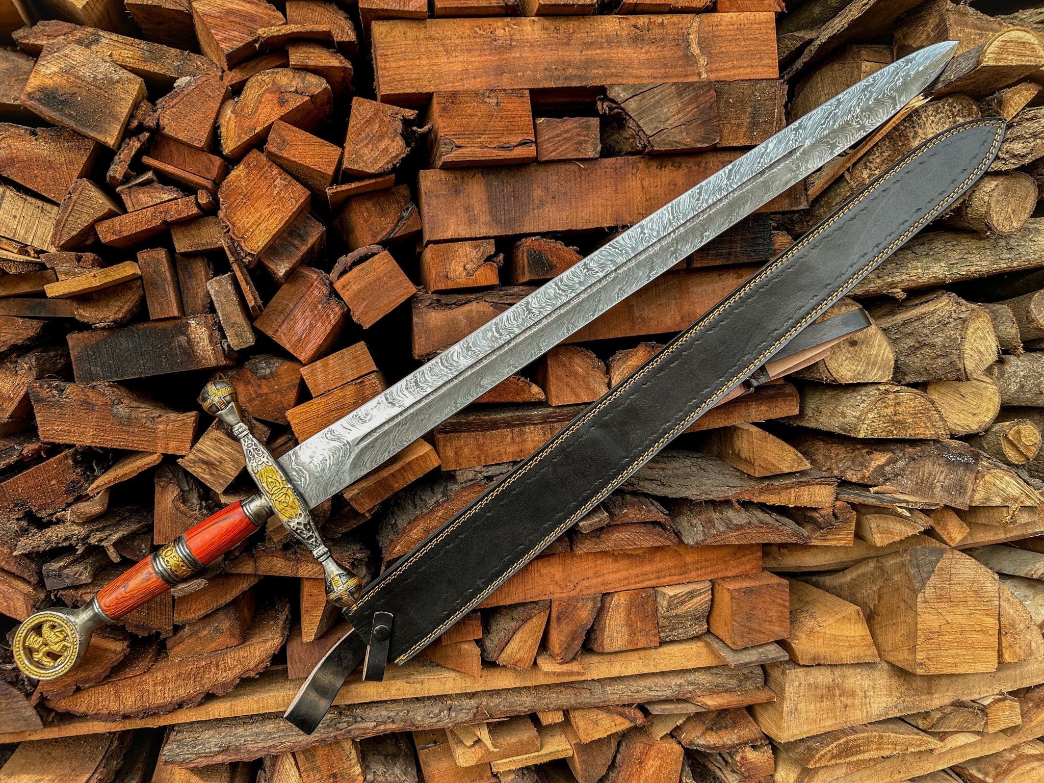 Damascus Steel Longsword | Wood & Brass Handle with Ornate Detailing
