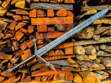 Damascus Claymore Sword with Detailed Metalwork Handle and Leather sheath