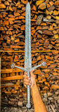Damascus Claymore Sword with Detailed Metalwork Handle and Leather sheath