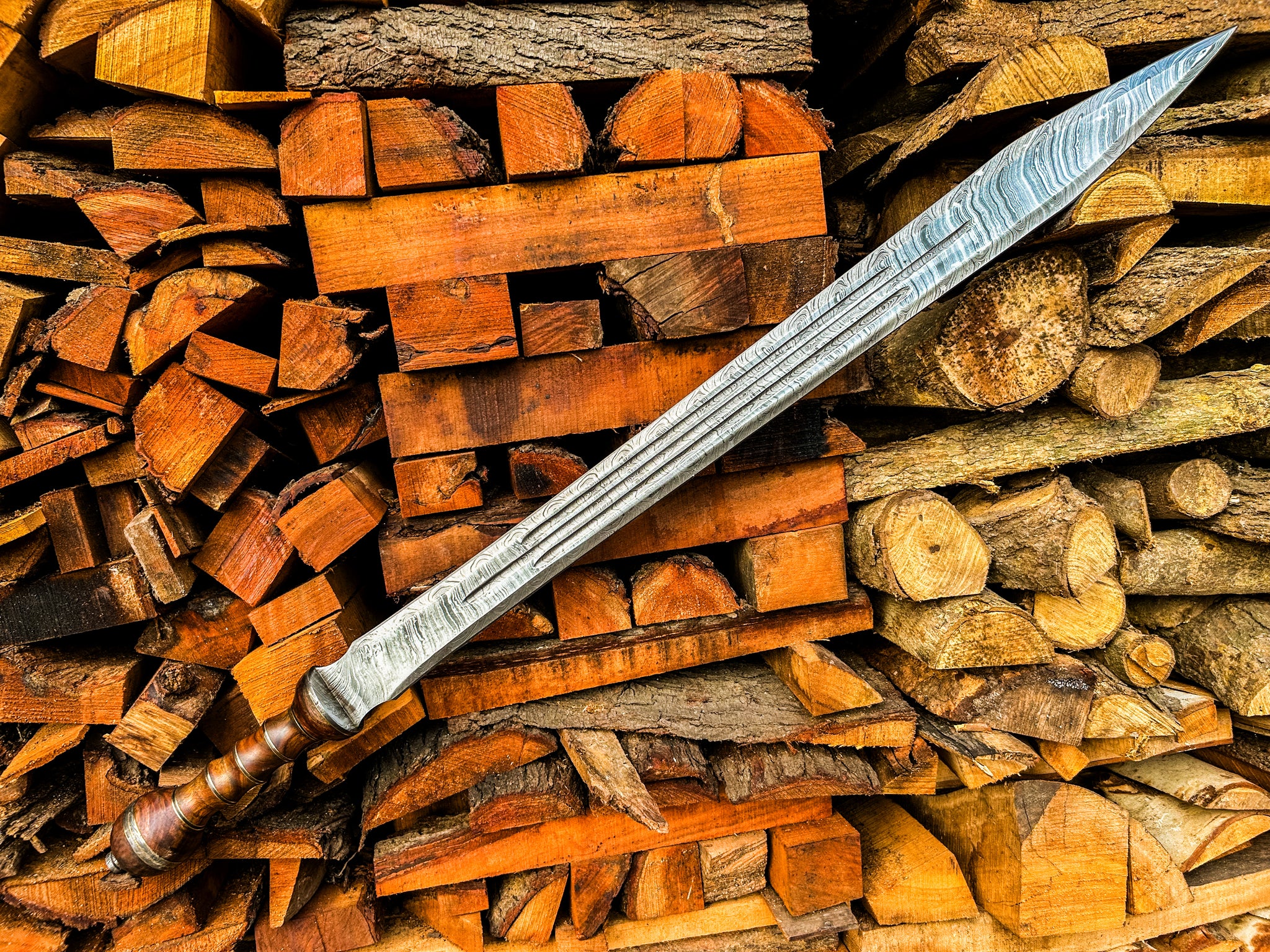 Damascus Steel Gladius Sword with Hand-Carved wood handle