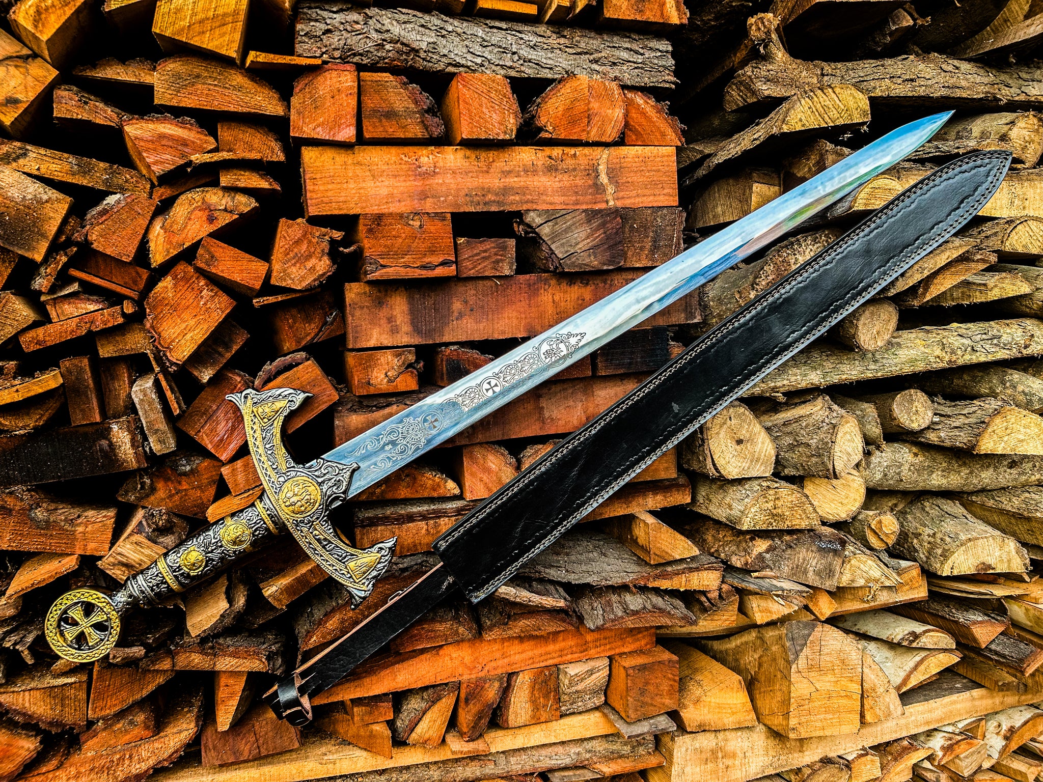 Viking Inspired Longsword with Gold Tone Medieval Design Handle