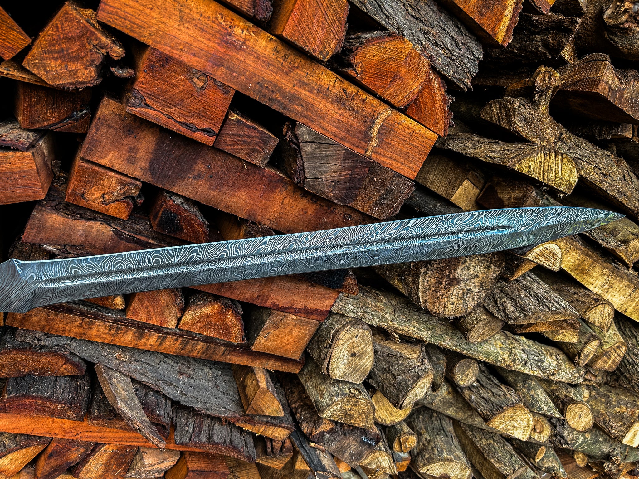 Damascus Steel Sword | Wood & Brass Guard Handle Longsword