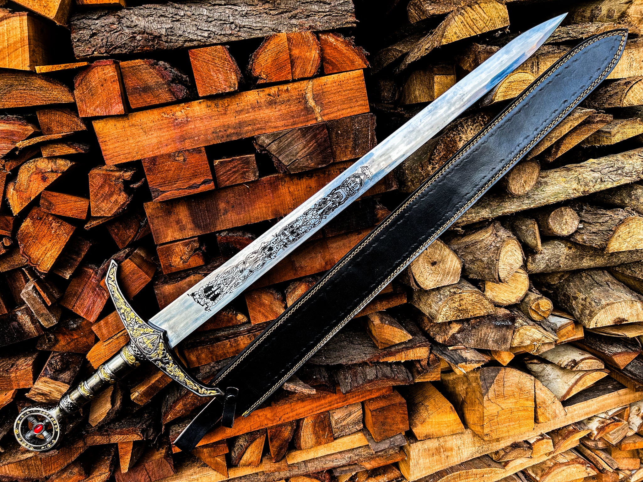 Viking Inspired Longsword with Metal Grip with Ornate Gold Detailing
