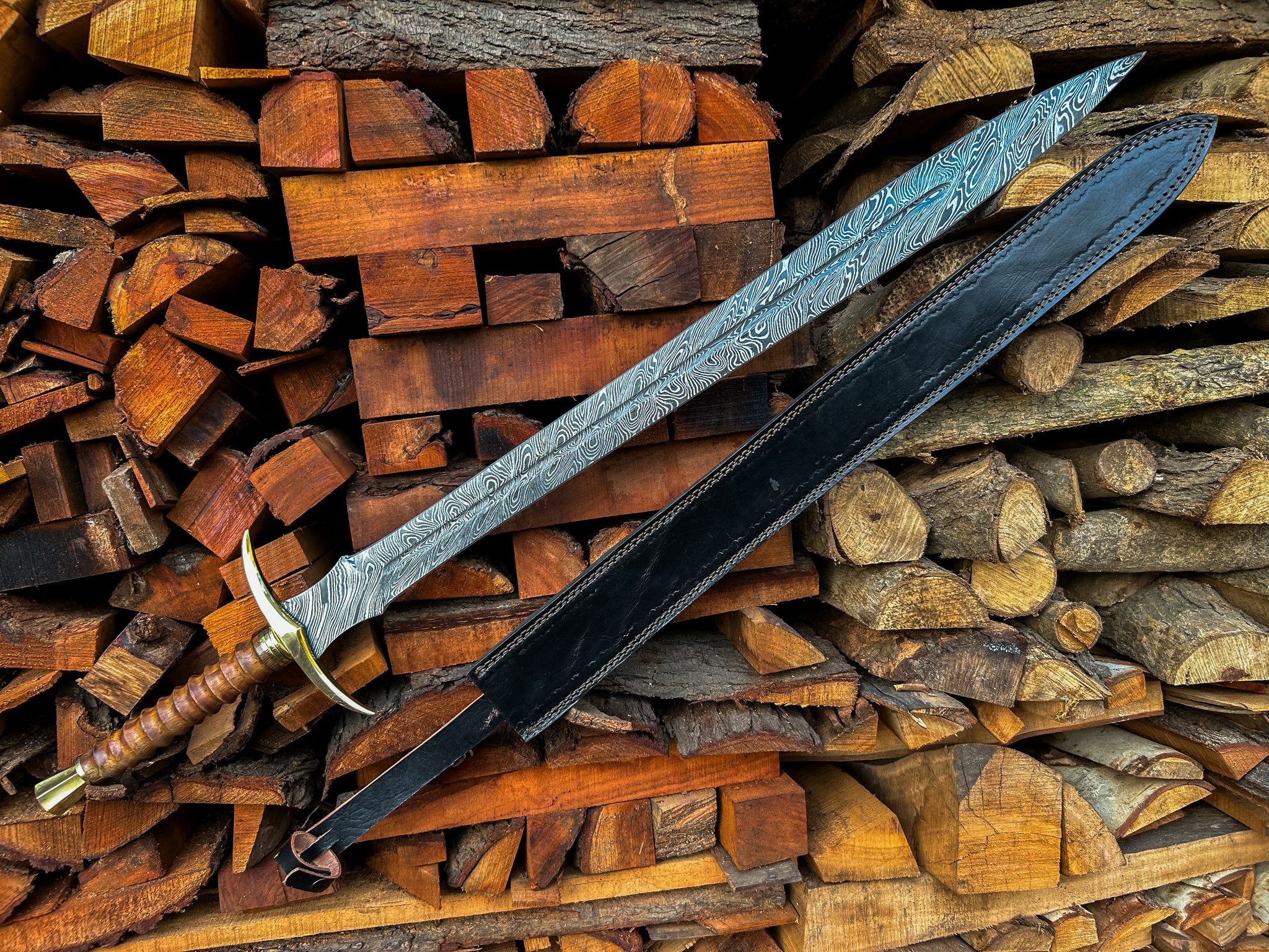 Damascus Steel Sword | Wood & Brass Guard Handle Longsword