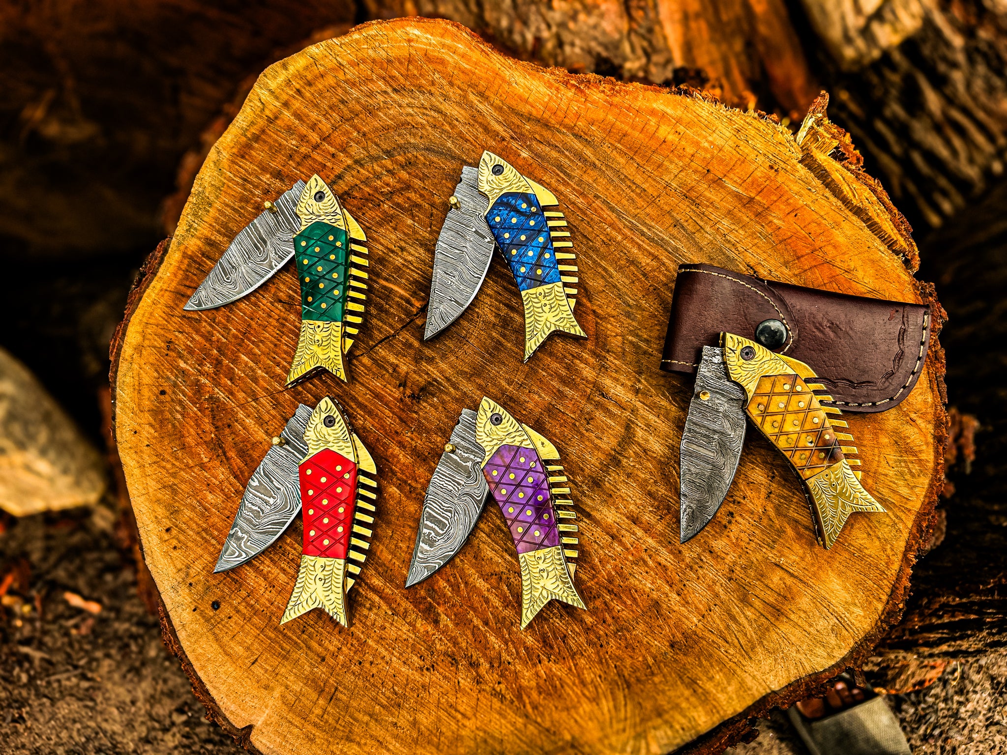 Handmade Fish Shaped Damascus Steel Folding Knife with Leather Sheath