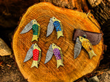 Handmade Fish Shaped Damascus Steel Folding Knife with Leather Sheath