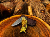 Handmade Fish Shaped Damascus Steel Folding Knife with Leather Sheath