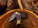 Handmade Fish Shaped Damascus Steel Folding Knife with Leather Sheath