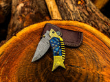 Handmade Fish Shaped Damascus Steel Folding Knife with Leather Sheath