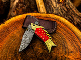Handmade Fish Shaped Damascus Steel Folding Knife with Leather Sheath