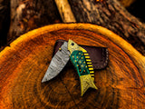 Handmade Fish Shaped Damascus Steel Folding Knife with Leather Sheath