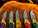 Handmade Fish Shaped Damascus Steel Folding Knife with Leather Sheath