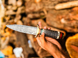 Stag Handle Hunting knife with Damascus Steel blade Stag Handle Knife with Leather Sheath