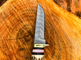 Damascus Steel Blade and Stag Handle Hunting knife with Leather Sheath