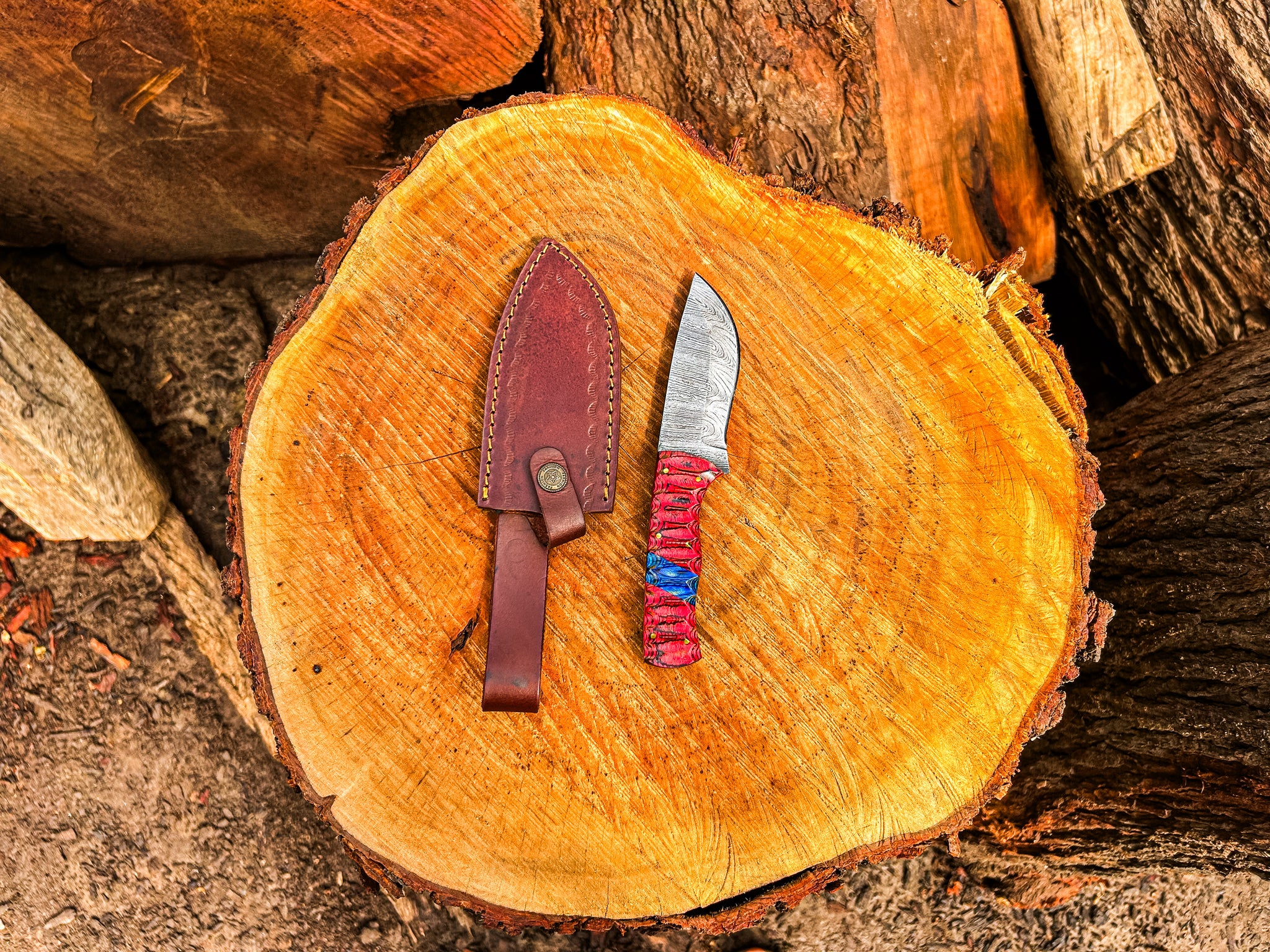 Handmade Skinner Knife Damascus Steel Fixed Blade Pocket Knife with Red & Blue Grip