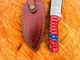 Handmade Skinner Knife Damascus Steel Fixed Blade Pocket Knife with Red & Blue Grip