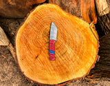 Handmade Skinner Knife Damascus Steel Fixed Blade Pocket Knife with Red & Blue Grip