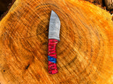Handmade Skinner Knife Damascus Steel Fixed Blade Pocket Knife with Red & Blue Grip