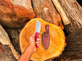 Handmade Skinner Knife Damascus Steel Fixed Blade Pocket Knife with Red & Blue Grip