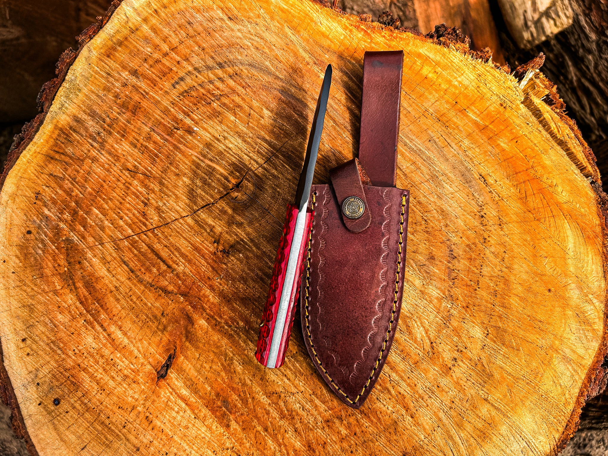 Handmade Skinner Knife Carbon Steel & Red Grip Fixed Blade Pocket knife
