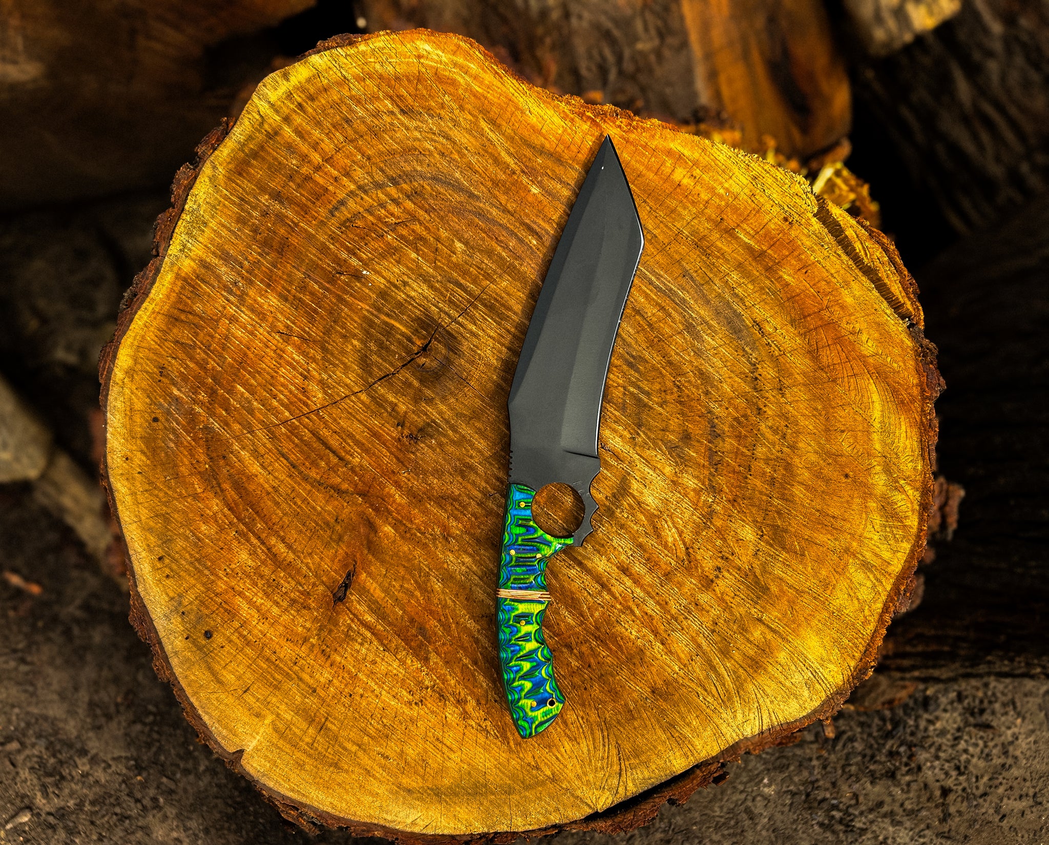 Handmade Green Wood Grip Fixed Blade Hunting Knife with Leather Sheath