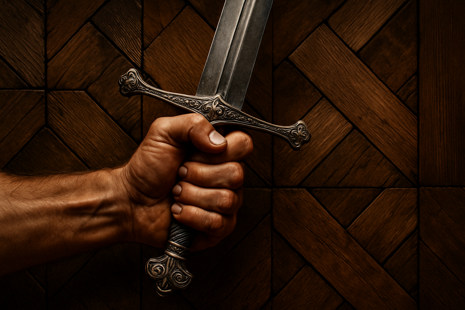 hand holding sword, with woods blocks background
