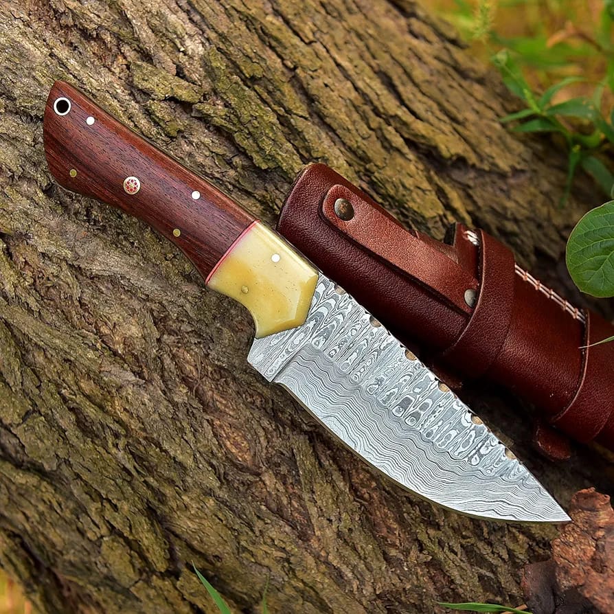 Damascus Hunting Knife with Rosewood and Bone Handle