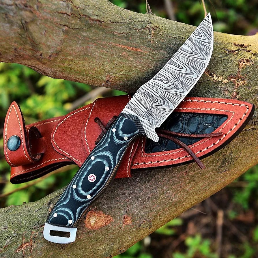 Damascus Steel Knife with G10 Handle with Mosaic Pin Detailing