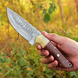 Damascus Hunting Knife with Rosewood and Bone Handle