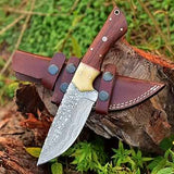 Damascus Hunting Knife with Rosewood and Bone Handle